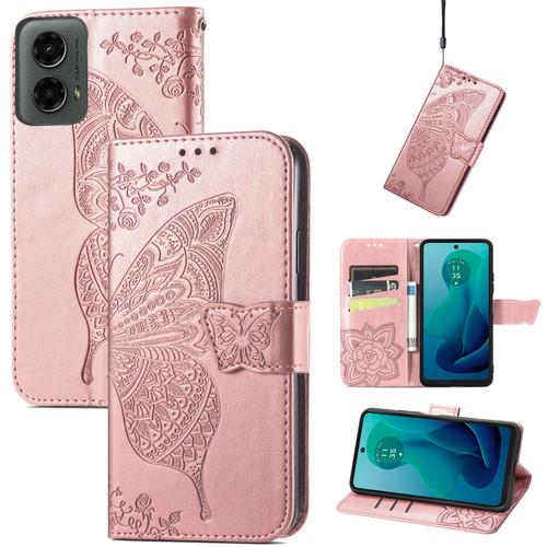 Moto G 5G 2024 Butterfly Love Flower Embossed Leather Phone Case - Rose Pink